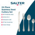 Set of four silver stainless steel cutlery pieces: knife, fork, tablespoon, teaspoon.