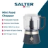 Mini food chopper with clear bowl, stainless steel blades, and two-speed settings