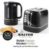 Black Salter kettle and 2-slice toaster set with chrome trim, displayed on white background.
