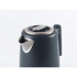 Grey electric kettle with metal lid and spout, shown from side angle.