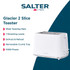 White 2-slice toaster with wide slots, 7 browning levels, defrost, reheat and removable crumb tray.