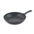Black non-stick frying pan with handle shown at an angle on white background