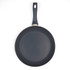 Black non-stick frying pan shown from above