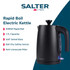 Black Salter rapid boil electric kettle with 1.7L capacity, shown angled; banner highlights features.