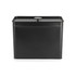 Black metal storage tin with lid, shown from front. Simple kitchen container.