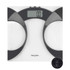 Glass bathroom scale with digital display showing 0.0kg, black and silver accents