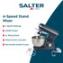 Grey kitchen stand mixer set with mixing bowl, hand mixer and stick blender on worktop