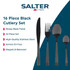 Black stainless steel cutlery set with knife, fork, spoon and teaspoon on white napkin