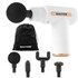 White Salter massage gun with four black attachment heads and a branded carry pouch