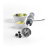 Grey hand blender with metal blade, shown beside smoothie bowls and blueberries
