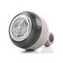 Grey electric fabric shaver with stainless steel blade, shown angled for product detail