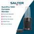 Black Salter blender and smoothie maker on a kitchen counter with drinks and pizza