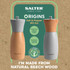 Grey and wood salt mill with Salter logo, shown upright and sideways