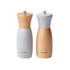 Set of two Salter salt and pepper mills, natural wood and light grey, standing upright.