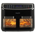 Black Salter dual drawer air fryer showing chips and fried chicken inside