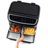 Black dual basket air fryer with digital display, shown with chips and chicken wings inside.