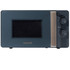 Grey compact microwave oven with gold handle, front view showing control dials