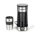 Salter single-serve coffee maker in black and silver with travel mug