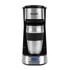 Silver and black filter coffee maker with travel mug and digital display