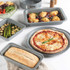 Set of grey non-stick baking tins with pizza, bread, roasted vegetables and chicken.