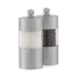 Set of two silver and clear manual salt and pepper mills with stainless steel finish.