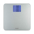 Silver digital bathroom scale with large blue-lit display, front view.