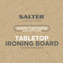 Promotional graphic for Salter Warm Harmony Tabletop Ironing Board, ideal for small spaces.