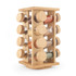 Rotating bamboo spice rack with glass jars filled with assorted spices