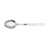 Stainless steel dessert spoon against white background