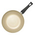 Cream non-stick frying pan with black handle, top-down view