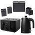 Set of matte black Salter kettle, 4-slice toaster, and three canisters on white background