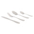 Four-piece silver cutlery set includes knife, fork, dessert spoon, and teaspoon.