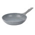 Grey non-stick frying pan with speckled finish, angled handle, side view