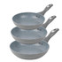 Set of three grey non-stick frying pans with speckled finish, stacked side by side.