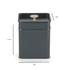 Dark grey rectangular storage tin with lid and wooden handle, dimensions shown.