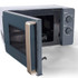 Grey microwave oven with gold handle, door open, showing manual dials