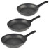 Set of three black speckled non-stick frying pans with black handles