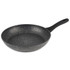 Grey speckled non-stick saucepan with black handle, partial side view