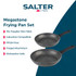 Black and white speckled non-stick frying pan with black handle on kitchen counter
