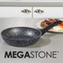 Non-stick speckled frying pan with cooked egg, bacon, and tomatoes, promotional badge.