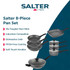 Salter 8-piece pan set with grey non-stick coating, soft-touch handles and glass lids.