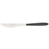 Stainless steel butter knife with black handle shown on white background