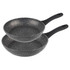 Set of two non-stick grey stone-effect frying pans with black handles, side view