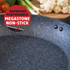 Close-up of Megastone non-stick frying pan with vegetables in background, promotional badge highlights improved performance