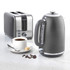 Grey cordless electric kettle and 2-slice toaster set on kitchen counter