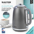 Grey electric kettle with chrome accents from Salter Cosmos range, shown on kitchen counter.