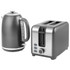 Brushed stainless steel kettle and two-slice toaster set, shown side by side