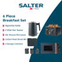 Salter dark grey 4-slice toaster with cancel, reheat, and defrost buttons on kitchen counter