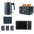 Set of Salter matte dark grey kitchen appliances: kettle, 4-slice toaster, microwave, and storage canisters.
