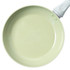 Cream non-stick frying pan, top view, with white handle